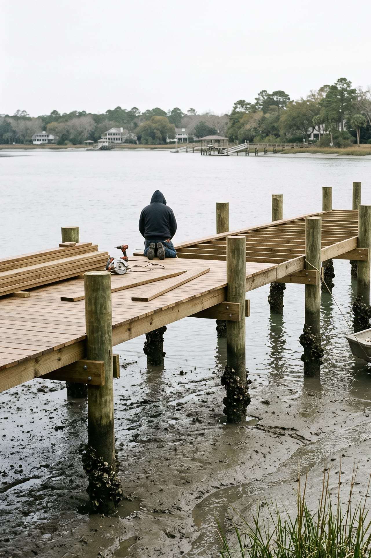A newly built private dock reaching across a tidal creek near Hilton Head Island at low tide — fresh decking going on, stacked lumber and tools on the deck, and a small aluminum work boat tied alongside.