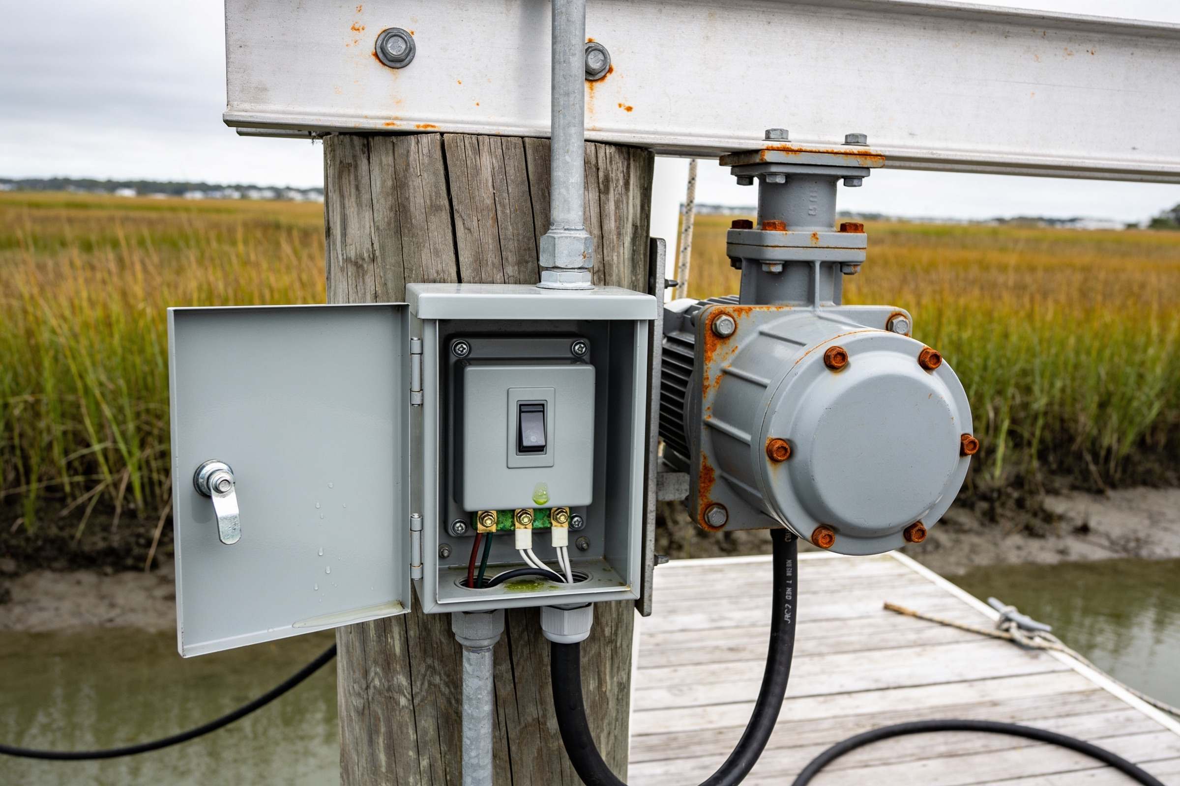 A boat lift control box with its door open on a dock piling, showing a rocker switch and wire terminals with green corrosion and drops of water, beside a rust-bolted electric motor.