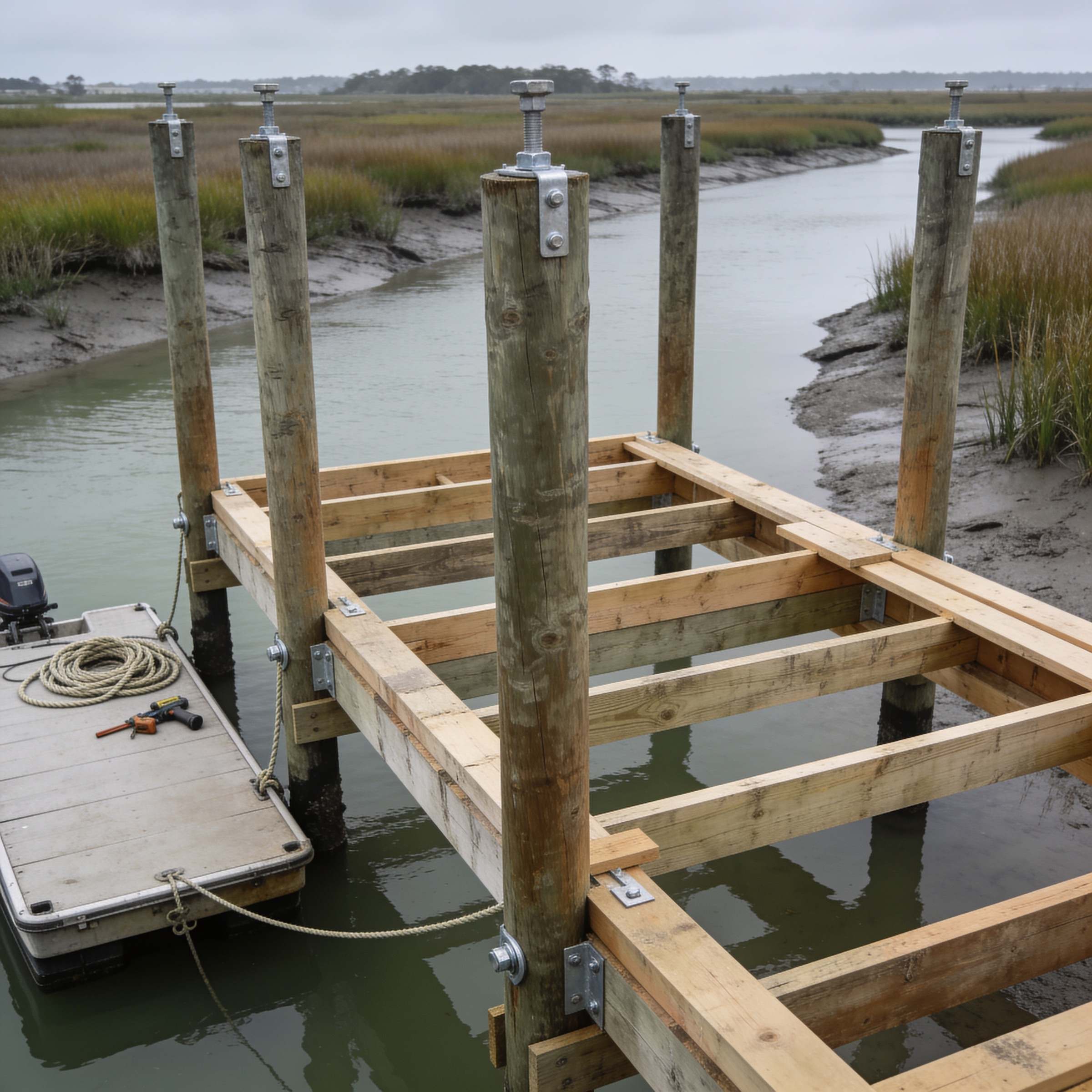 New dock framing under construction over a Lowcountry tidal creek: pilings set with joists and stringers bolted in, and a work barge tied alongside.