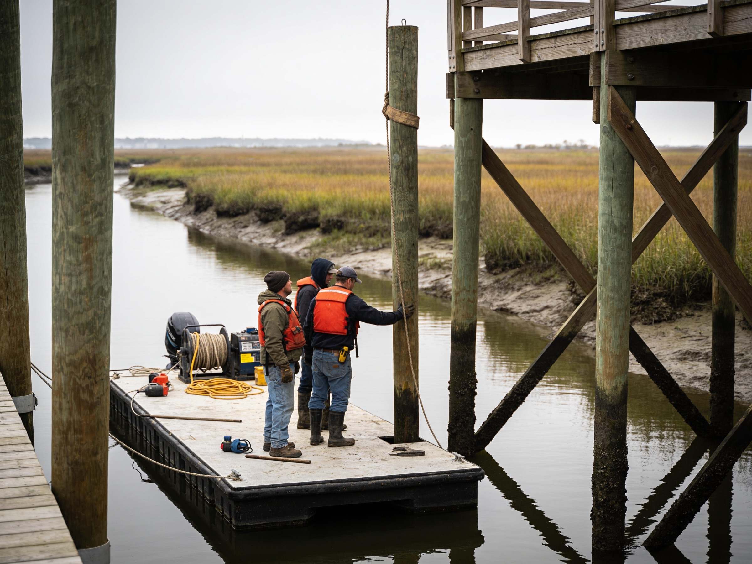 A three-person crew in life jackets on a flat work barge beside a dock, steadying a piling on a tidal creek near Hilton Head Island.