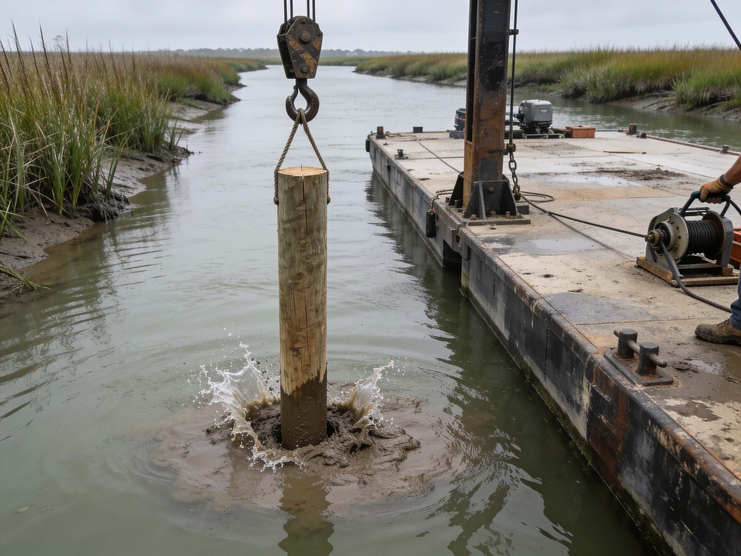 A new wooden piling being lowered into the mud from a work barge on a tidal creek near Hilton Head Island, with spartina marsh on both banks.