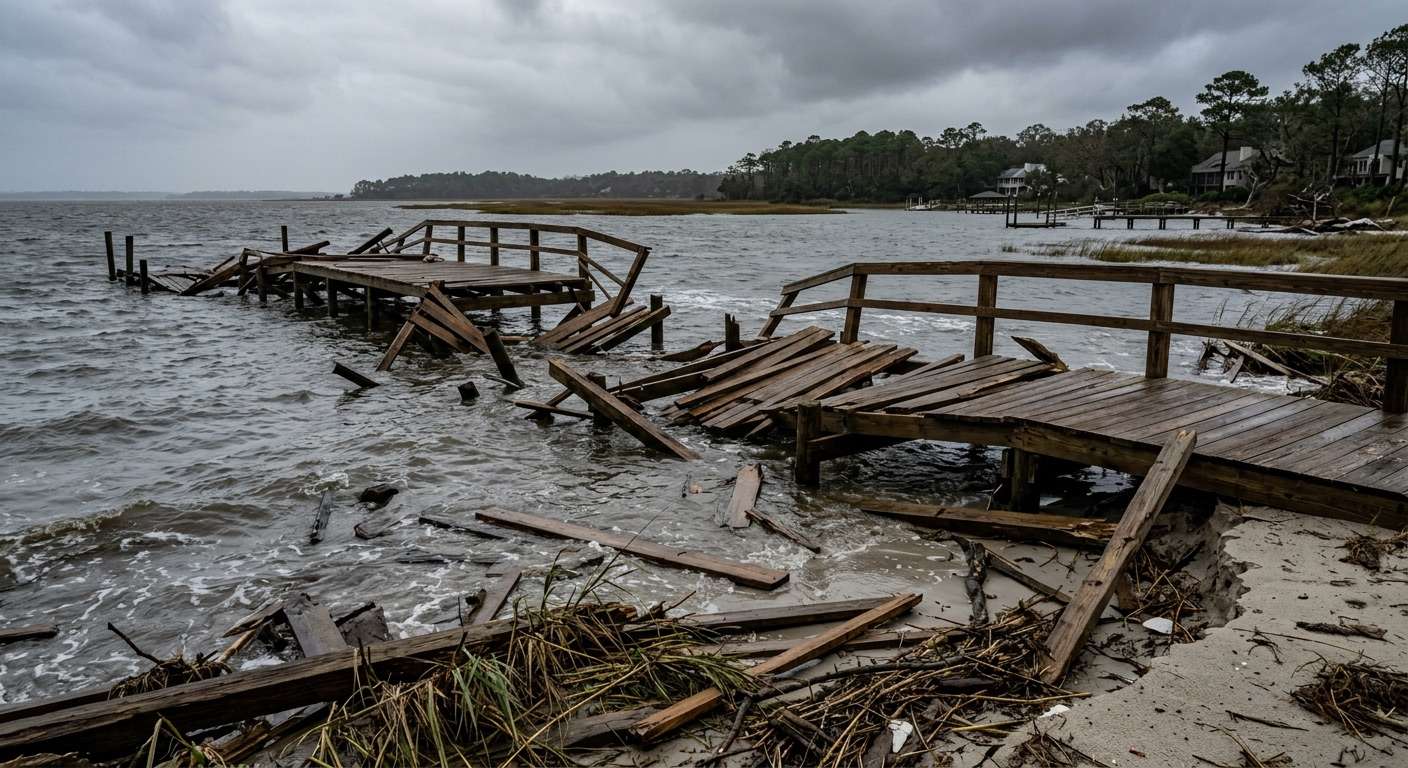 Before — a private timber dock on a Hilton Head Island tidal creek broken apart by hurricane storm surge: the walkway collapsed into the brackish water, decking boards torn loose and scattered across the sand, pilings racked out of line, under heavy overcast.