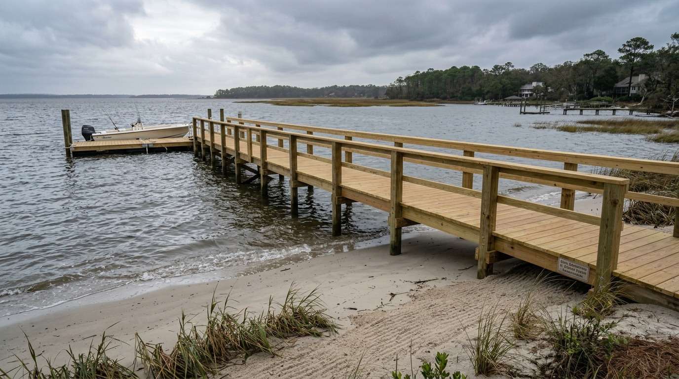 After — the same Hilton Head Island dock rebuilt to its original footprint following storm-damage repair: a new pressure-treated walkway and railing running out to a floating dock, a center-console boat tied alongside, calm water under flat overcast light.